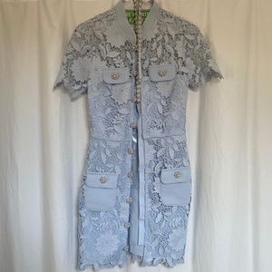 Self-Portrait light blue guipure lace mini dress with pearl details